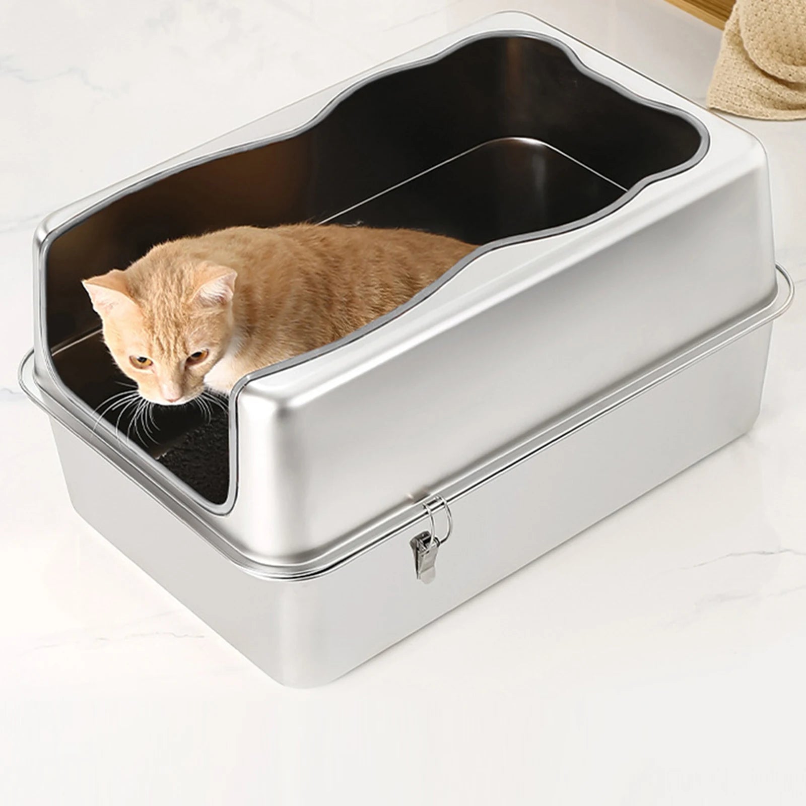 Extra Large Cat Litter Box with Lid Sifting Litter Box High Sided Top Entry Litter Pan Stainless Steel for Big Cats Multiple Cat