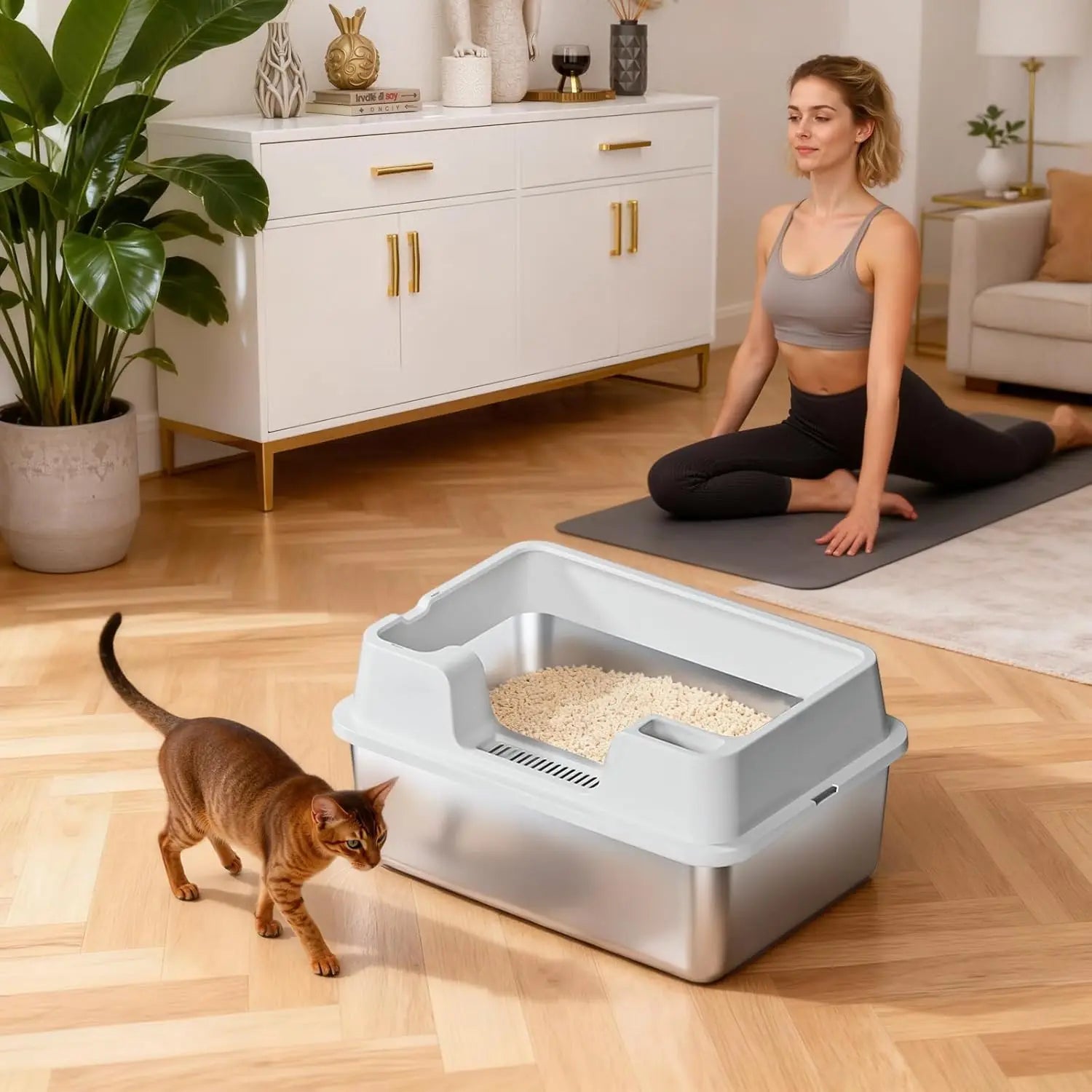 Stainless Steel Cat Litter Box XL,Large Hooded Litter Tray with Flip Top Lid, Enclosed Metal Cat Toilet Anti-Odour for Cats